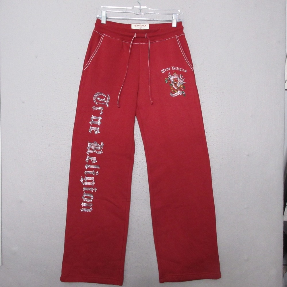 True Religion Sweatpants Women XS Red Bling Straight Leg Floral‎ Statement NWT